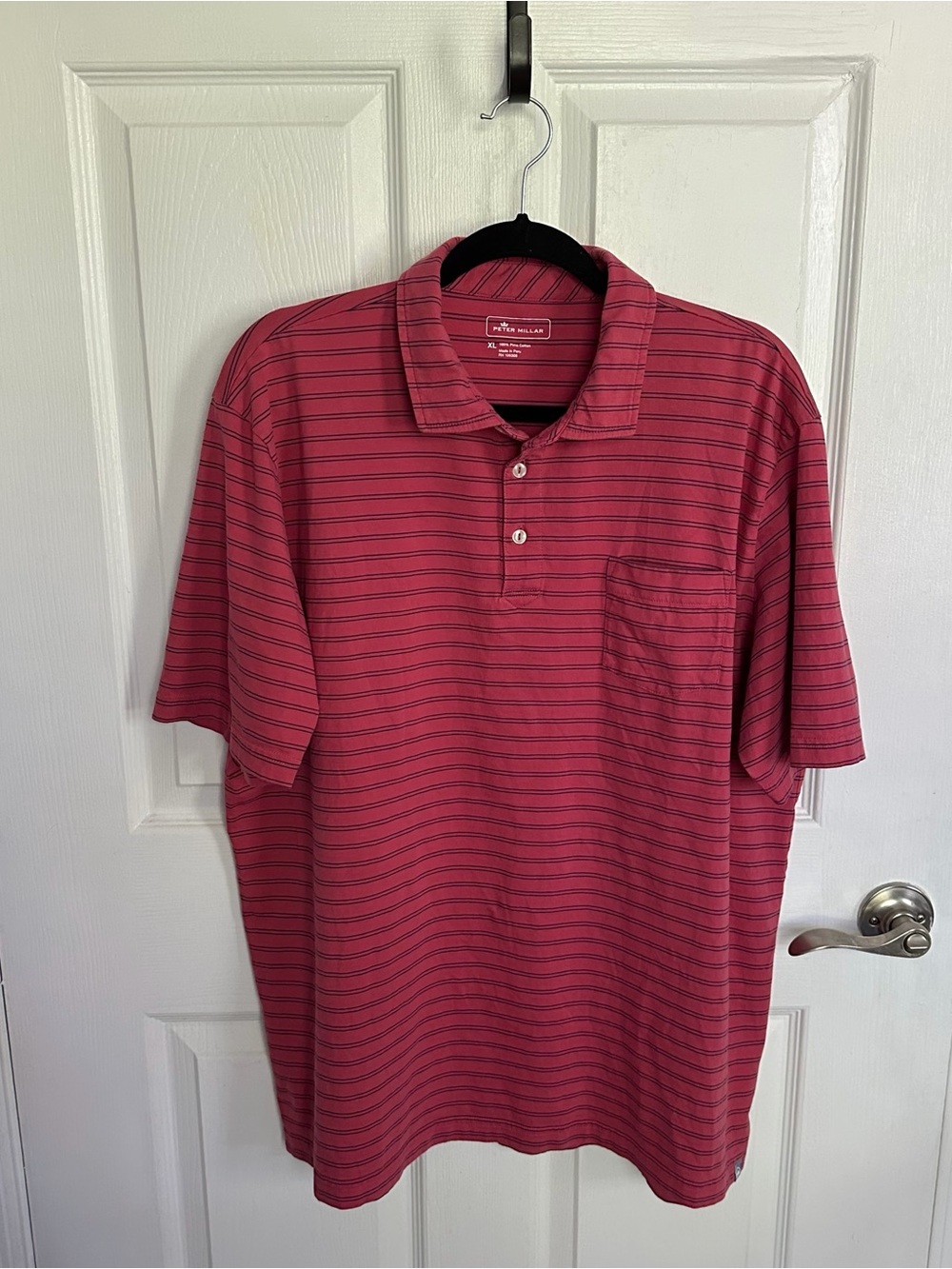 Peter Millar Pink Striped Summer Pima Cotton Polo with Pocket Size XL